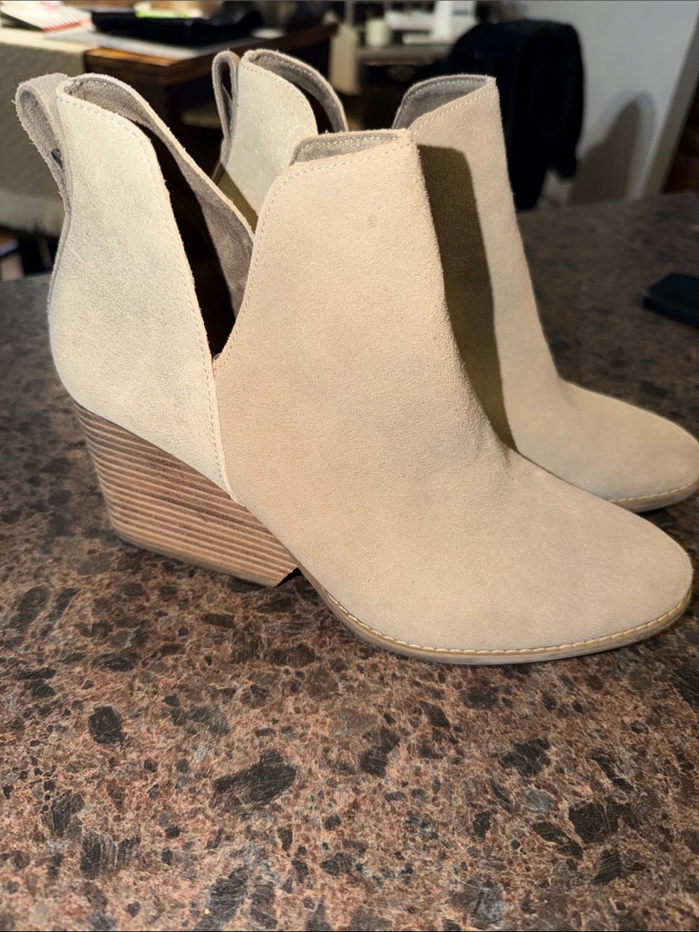 Toms Beige Suede Cutout Ankle Booties with Stacked Heel